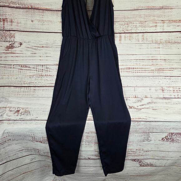 Aryn K Pack a Plunge Jumpsuit M Navy Ink Blue Silky Sheer Back Surplice Bodice - Picture 6 of 16
